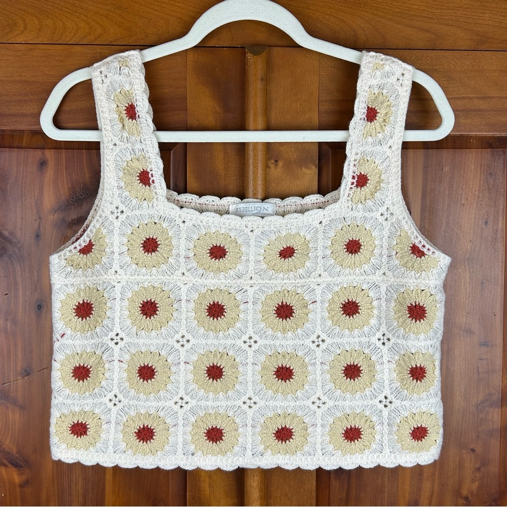 Rebellion Again Crochet Boho Cottagecore Granny Square Neck Crop Top Coachella
